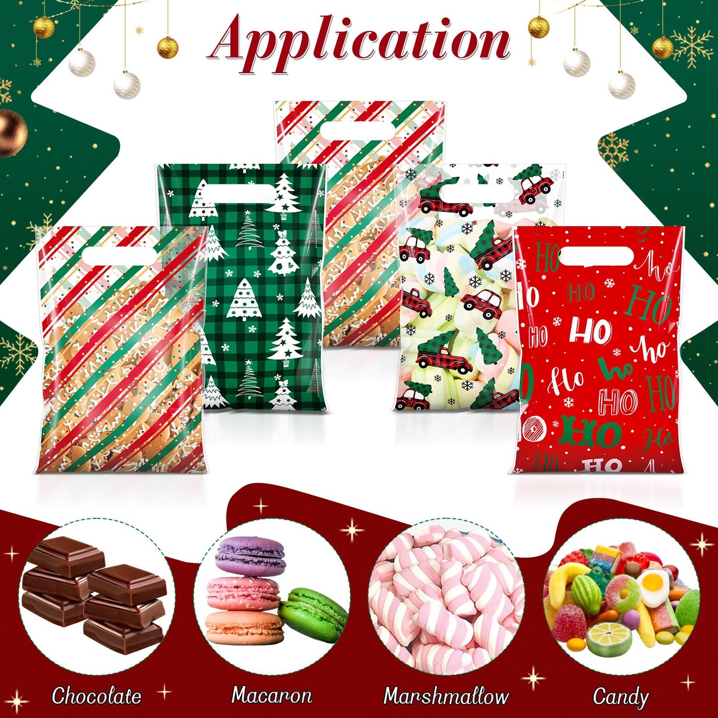 Teenyyou 60 Pcs Christmas Party Gift Bags Plastic Treat Bags with Handles Green Plaid Stripes Snowflakes Red Truck Candy Goodie Handbags for Festive Holiday Winter Theme Favors Supplies