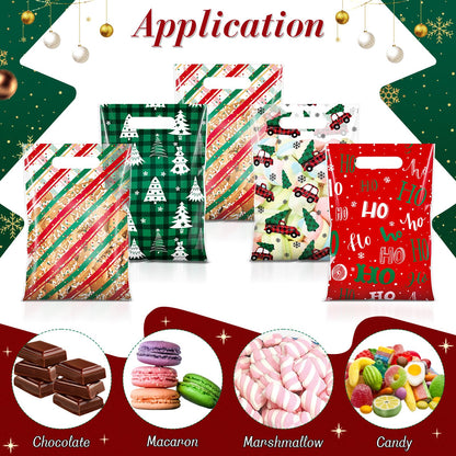 Teenyyou 60 Pcs Christmas Party Gift Bags Plastic Treat Bags with Handles Green Plaid Stripes Snowflakes Red Truck Candy Goodie Handbags for Festive Holiday Winter Theme Favors Supplies