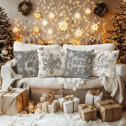 Artmag Merry Christmas Throw Pillow Covers 16x16 inch Snowflakes Let it Snow Moose Winter Holiday Grey Cushion Case for Coach Sofa Decorations Set of 4
