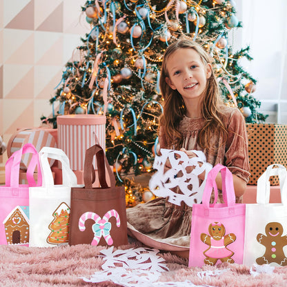 K KUMEED 20Pcs Christmas Party Favor Bags,Gingerbread Man Theme Party Gifts Bags Reusable Pink Candy House Birthday Party Bags with Handles for Girls Christmas Party Supplies Baby Shower