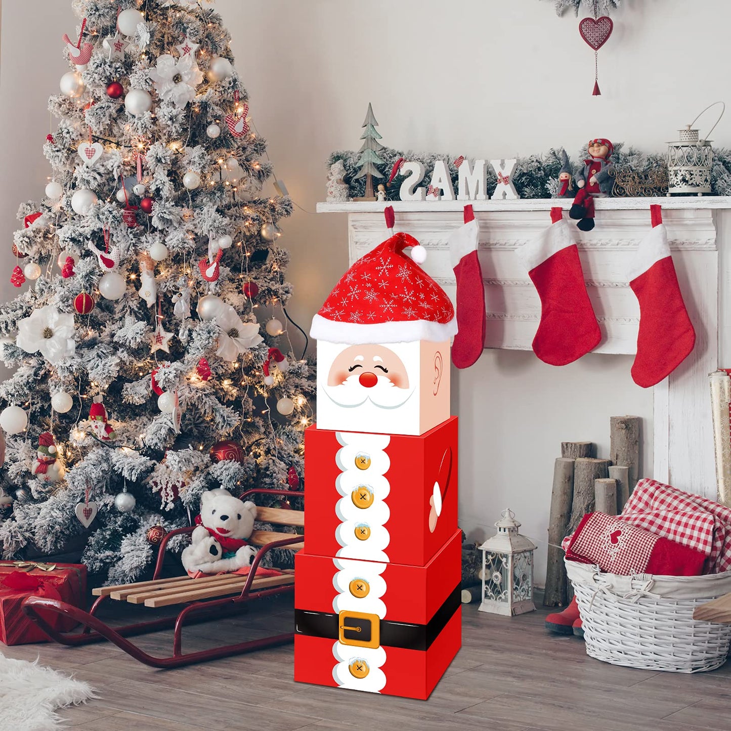 Marspark 4 Pieces Christmas Box Decoration Nesting Decorative Stackable Nesting Christmas Stacking Boxes(Santa)