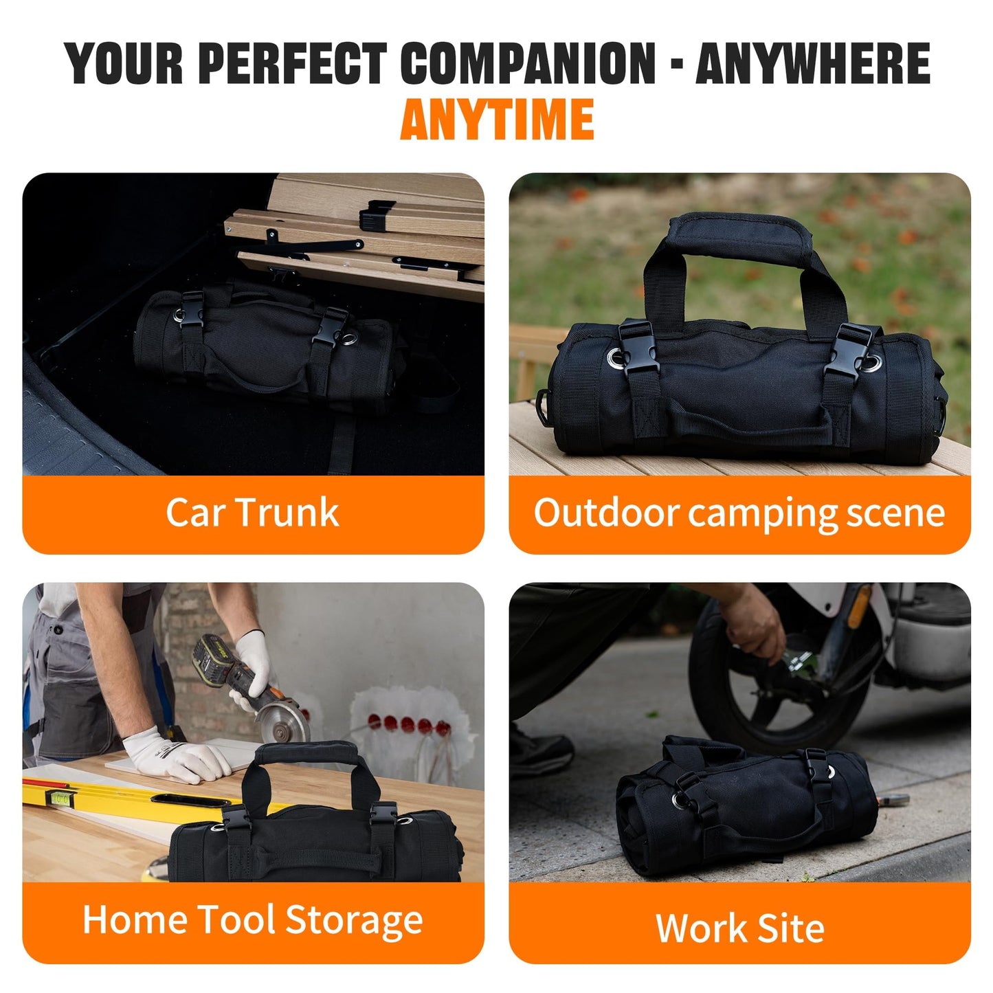AASTT Portable Foldable Roll Up Tool Bag, Heavy Duty Tool Organizer Bag with 5 Compartments & 2 Detachable Pouches for Tools Storage, Waterproof Tool Roll Bag for Dad Men Electrician Mechanic Gifts