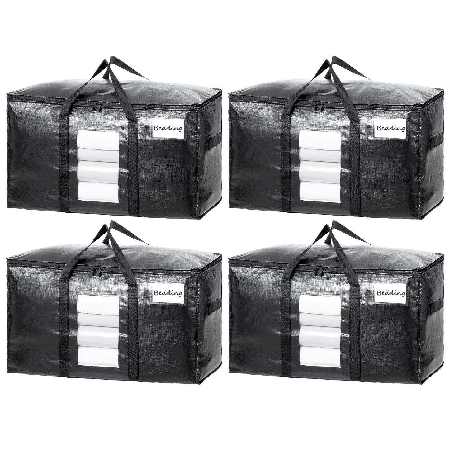 TAILI Extra Large Moving Bags, 4 Pack Black Heavy Duty Totes For Storage with Visible Window, Wrap Around Handles, Storage Bags for Space Saving, Alternative to Moving Boxes