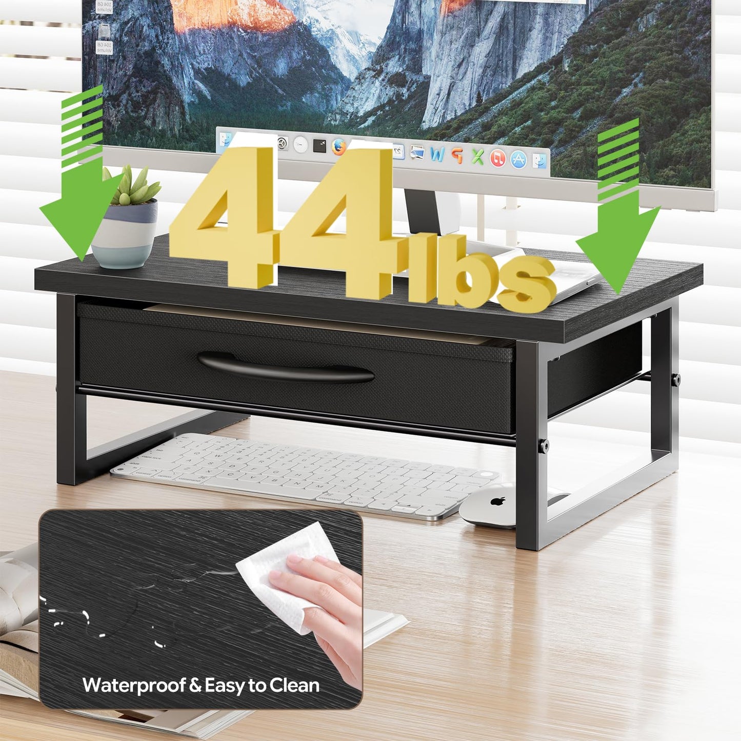 Ekisemio Computer Monitor Stand Riser, Desk Organizers and Accessories with Farbic Drawer, 2-Tier Wood and Metal Laptop Stand for Desk, Office Organizer Storage, Black