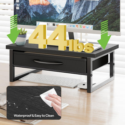 Ekisemio Computer Monitor Stand Riser, Desk Organizers and Accessories with Farbic Drawer, 2-Tier Wood and Metal Laptop Stand for Desk, Office Organizer Storage, Black