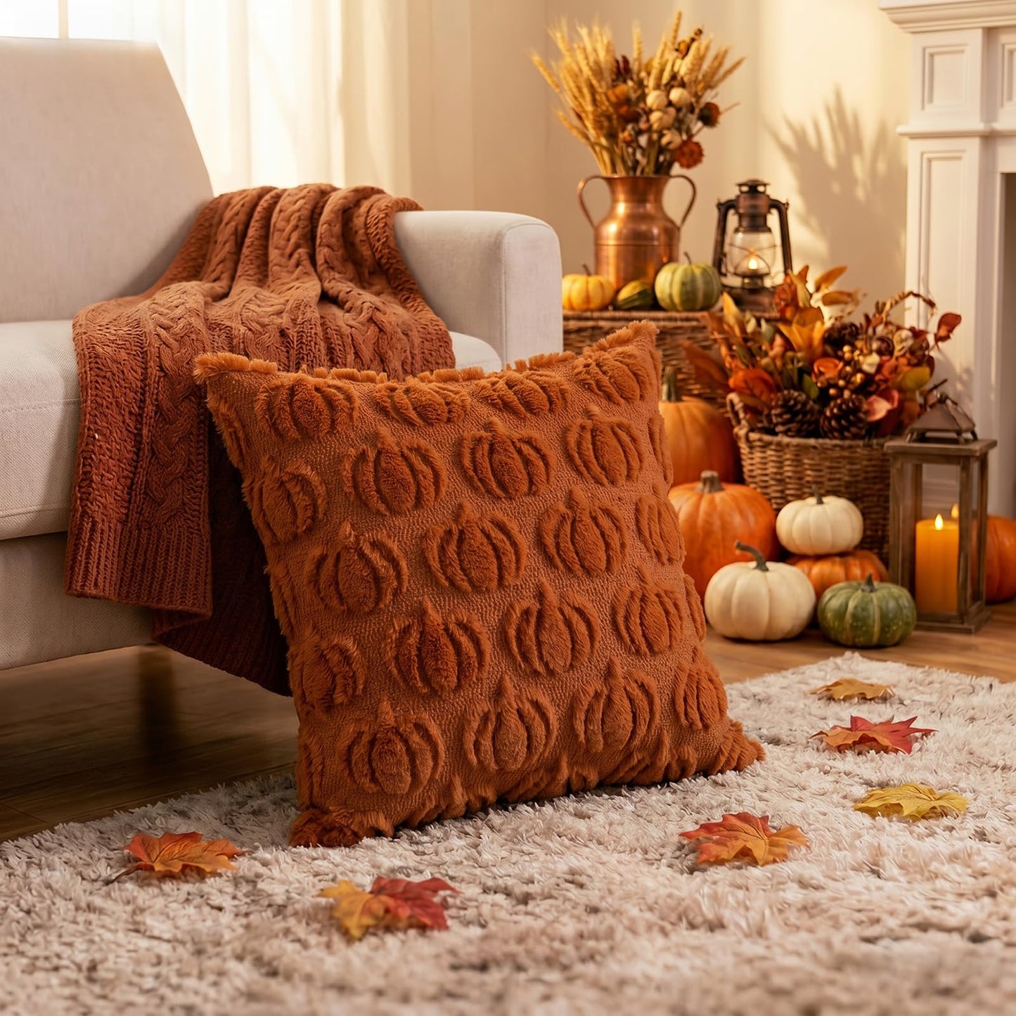 HDVUHKI Fall Pumpkin Throw Pillow Covers 18x18 inch Set of 4, Rust Red Autumn Thanksgiving Farmhouse Living Room Soft Fluffy Plush Faux Fur Wool Decorations for Sofa Couch Bed