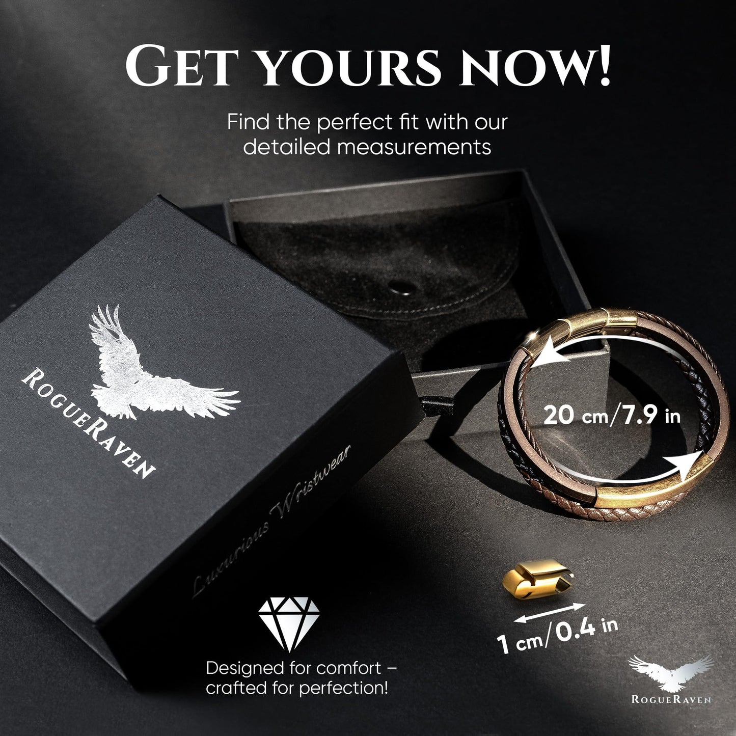 RogueRaven Black Leather Bracelet for Men – Premium Collection – Brown Black Gold Silver | Genuine Leather Mens Bracelet with Stainless Steel Clasp [Adjustable] | In Luxury Gift Box
