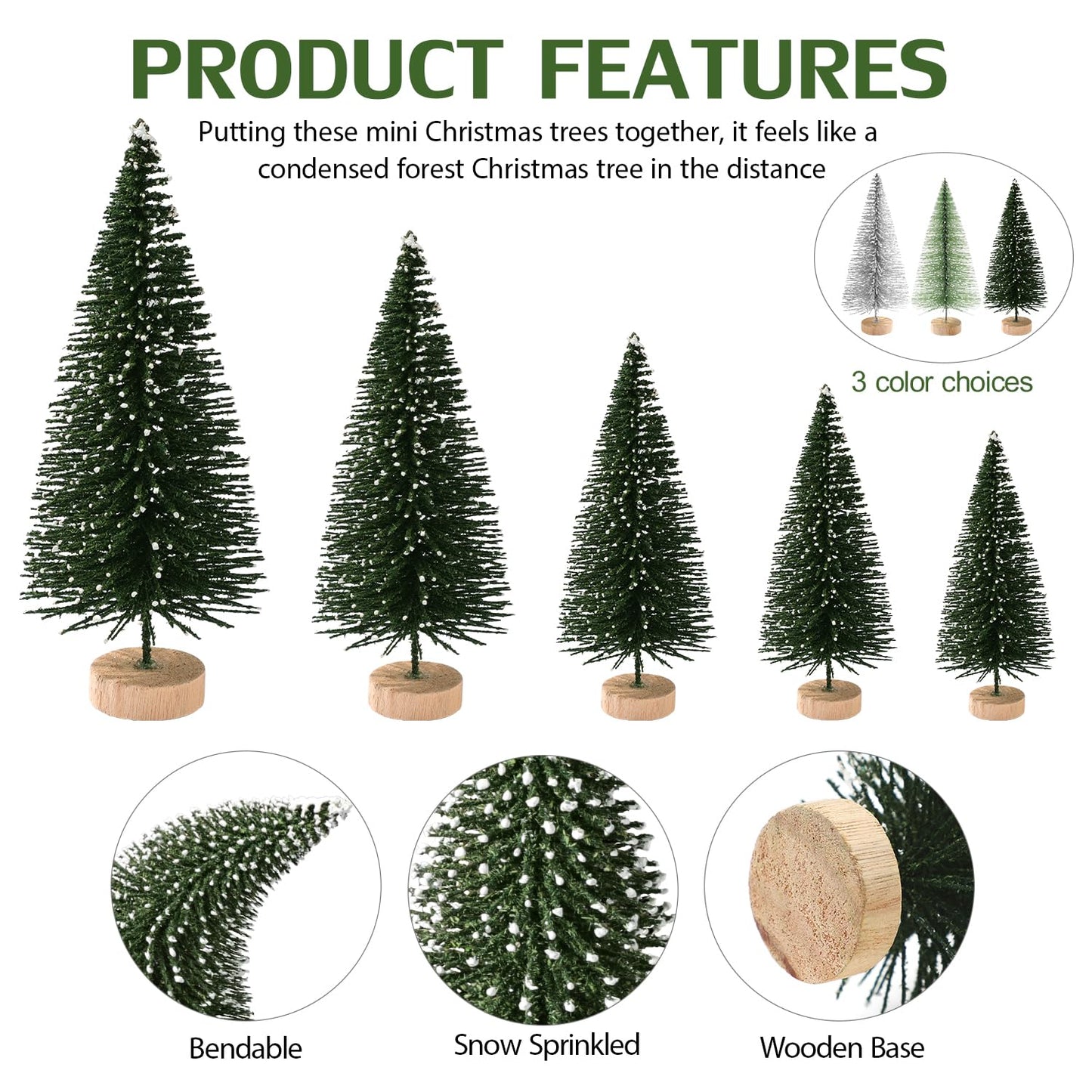 30Pcs Mini Christmas Tree Decor, Artificial Christmas Tree 5 Sizes,Mini Sisal Snow Frost Trees with Wooden Base for Christmas Decor Christmas Party Home Table Craft Decorations (A-Green/Silver)