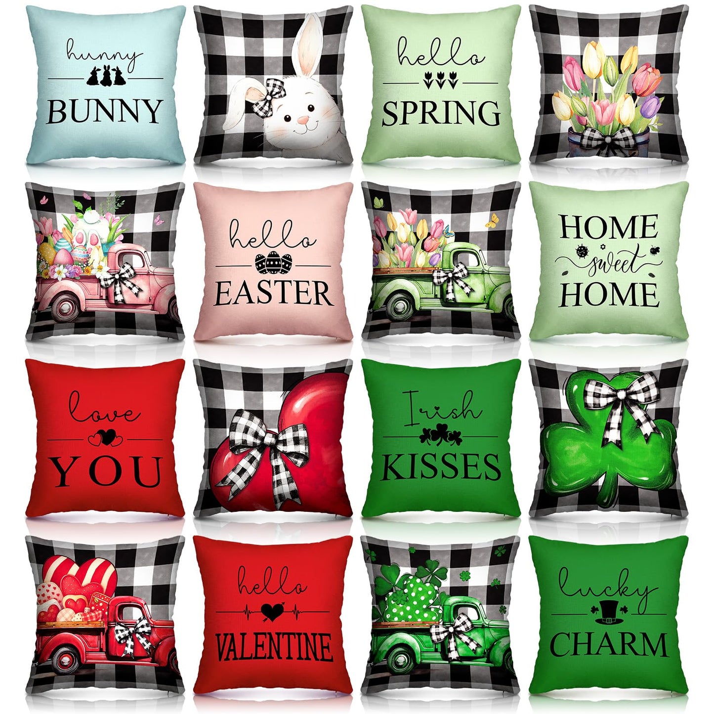 GlikCeil Set of 16 Easter Pillow Covers 18 x 18 Inch Buffalo Plaid Throw Pillow Covers Valentine's Day St. Patrick's Day Easter Spring Pillowcases Decorative for Farmhouse Home Couch Sofa Decor