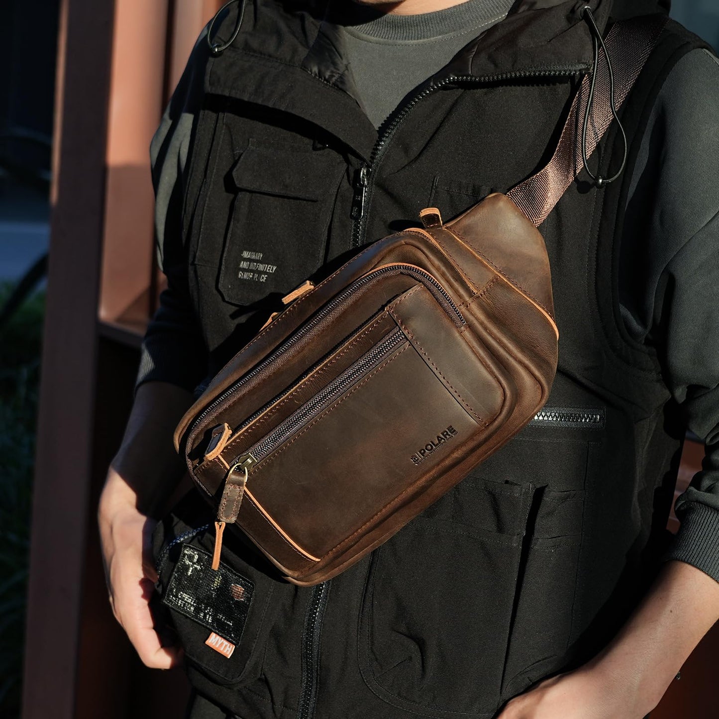 Polare Full Grain Leather Fanny Pack/Waist Belt Bag for Men and Women Large Capacity Crossbody Organizer For Travel Outdoor Sports Hiking Cycling Running