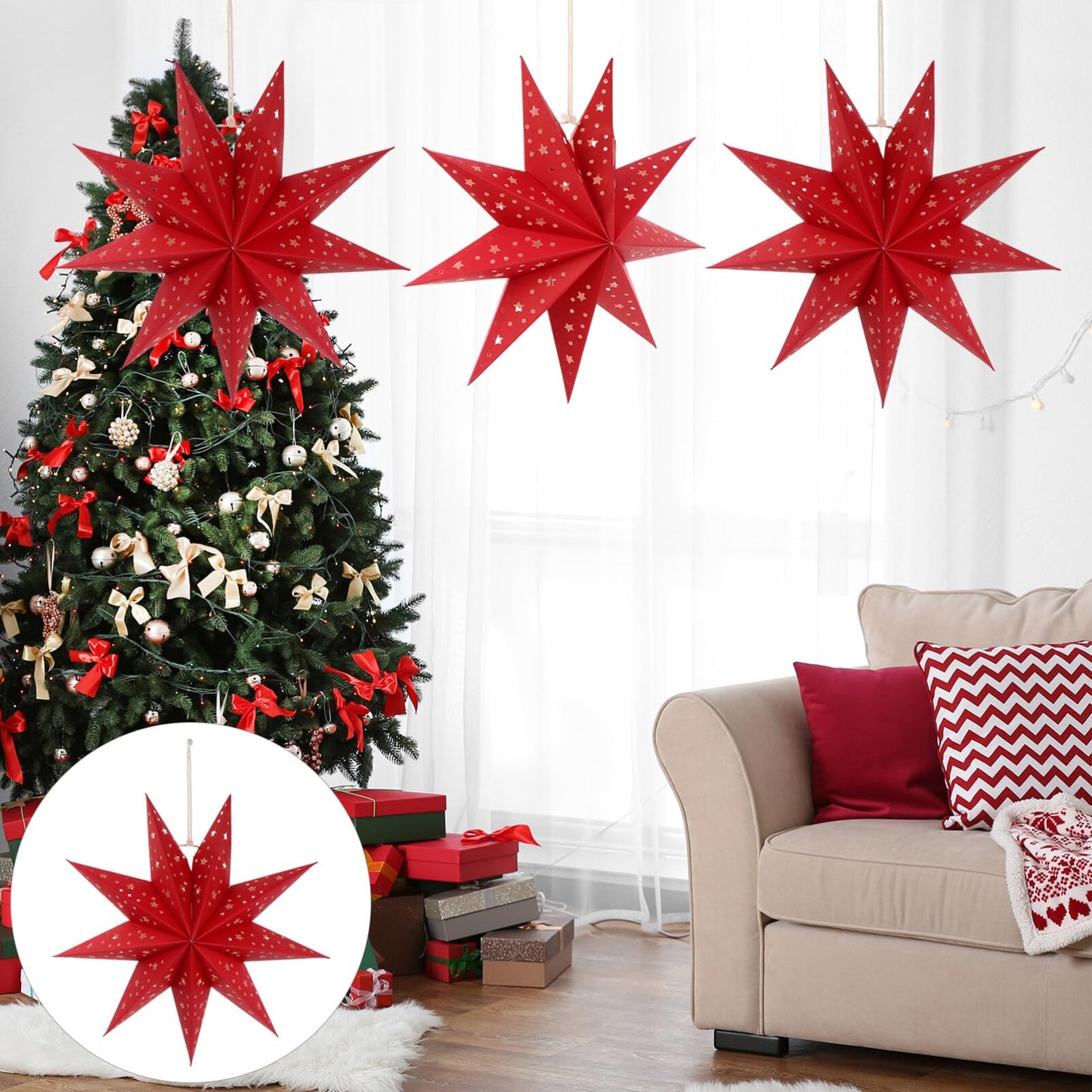 3Pcs Paper Star Lantern Lampshade 9 Pointed Star Hanging Decorations for Christmas New Year Wedding Party Holiday Birthday, Red