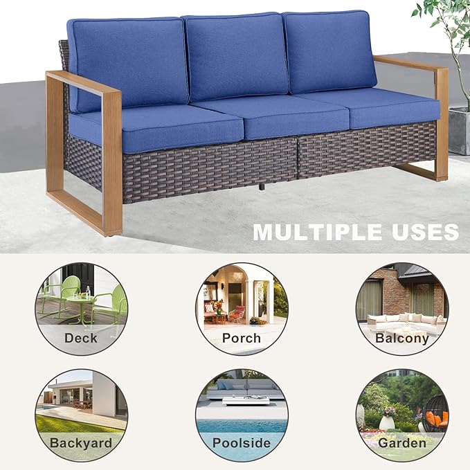 Rilyson Outdoor Couch Wicker Patio Sofa, Rattan Patio Furniture Sofa with Sturdy Frame,All-Weather PE Wicker,Wide Armrest,Deep Seating and Thick Cushions for Deck Porch Garden(Brown/Blue)