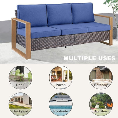 Rilyson Outdoor Couch Wicker Patio Sofa, Rattan Patio Furniture Sofa with Sturdy Frame,All-Weather PE Wicker,Wide Armrest,Deep Seating and Thick Cushions for Deck Porch Garden(Brown/Blue)
