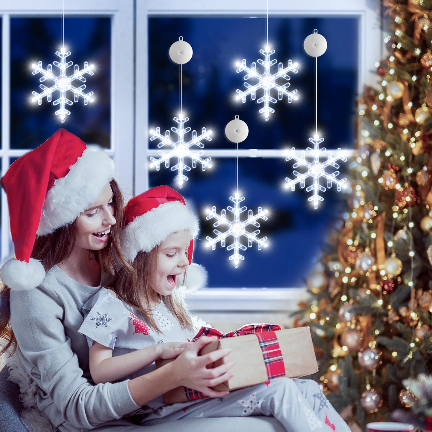 LYUBASA 5Pack Christmas Window Lights Decorations with Timer,Battery Powered Christmas Hanging White Lighted Snowflake Shaped LED Sucker for Xmas Tree Fireplace Indoor Decor