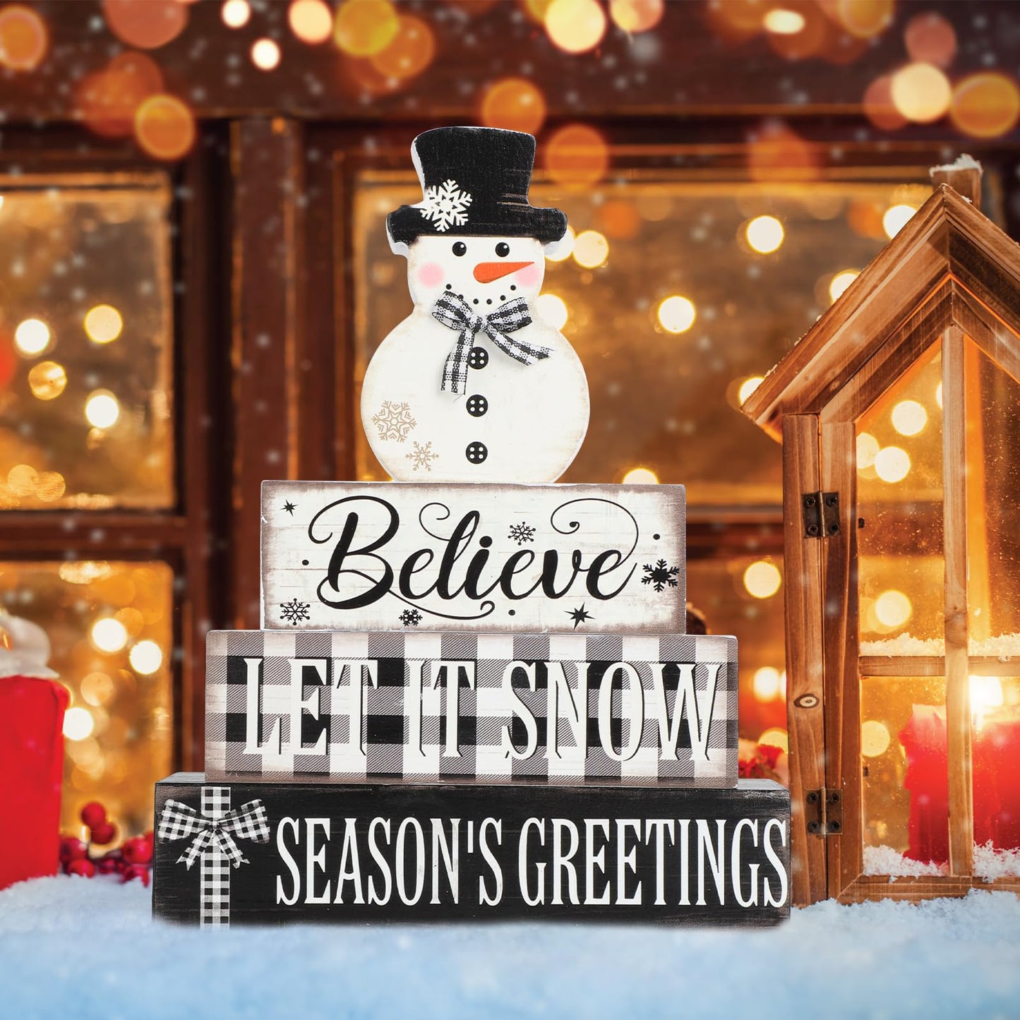 4 Pcs Christmas Decorations Indoor Wooden Snowman Table Sign Decor Table Centerpieces Xmas Merry Christmas Tabletop Block for Holiday Office Desk Tiered Tray Party Shelf Decor Double-sided Pattern