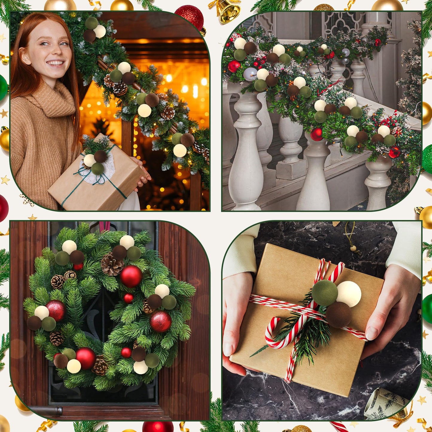 Syhood 12 Set 7.9 Inch Christmas Ball Picks and Sprays Shatterproof Xmas Brown Dark Green Beige Ball Ornaments on Wired Picks for Christmas Tree Vase Wreath Stairs Garland Decoration Supplies