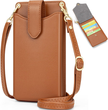 Peacocktion Small Crossbody Bags for Women, RFID Leather Cell Phone Purse with Card Slot, Trendy Card Holder Wallet Brown
