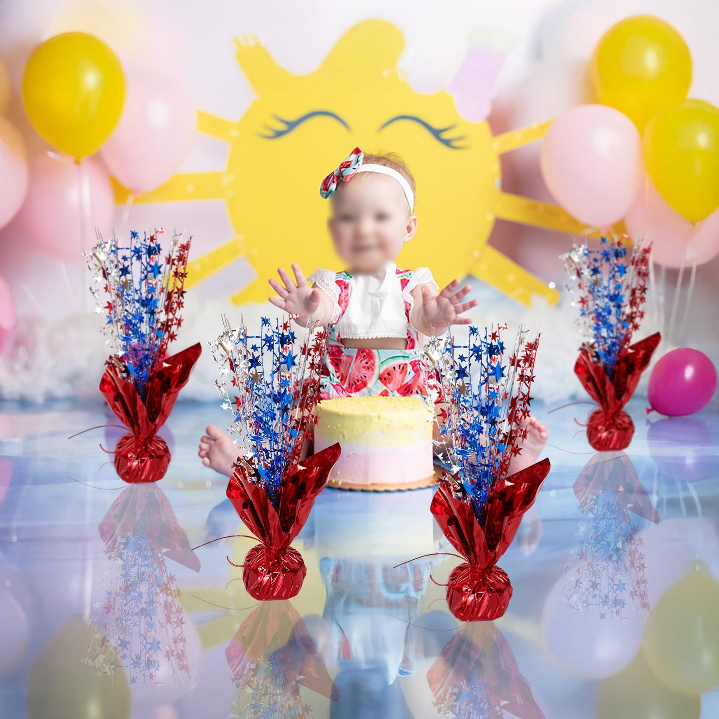 Gyufise 6 Pack Metallic Foil Spray Centerpiece Star Table Decoration Burst Table Centerpieces Table Decor for Birthday Wedding Anniversary Graduation Holiday Party Supplies Red Blue Silver