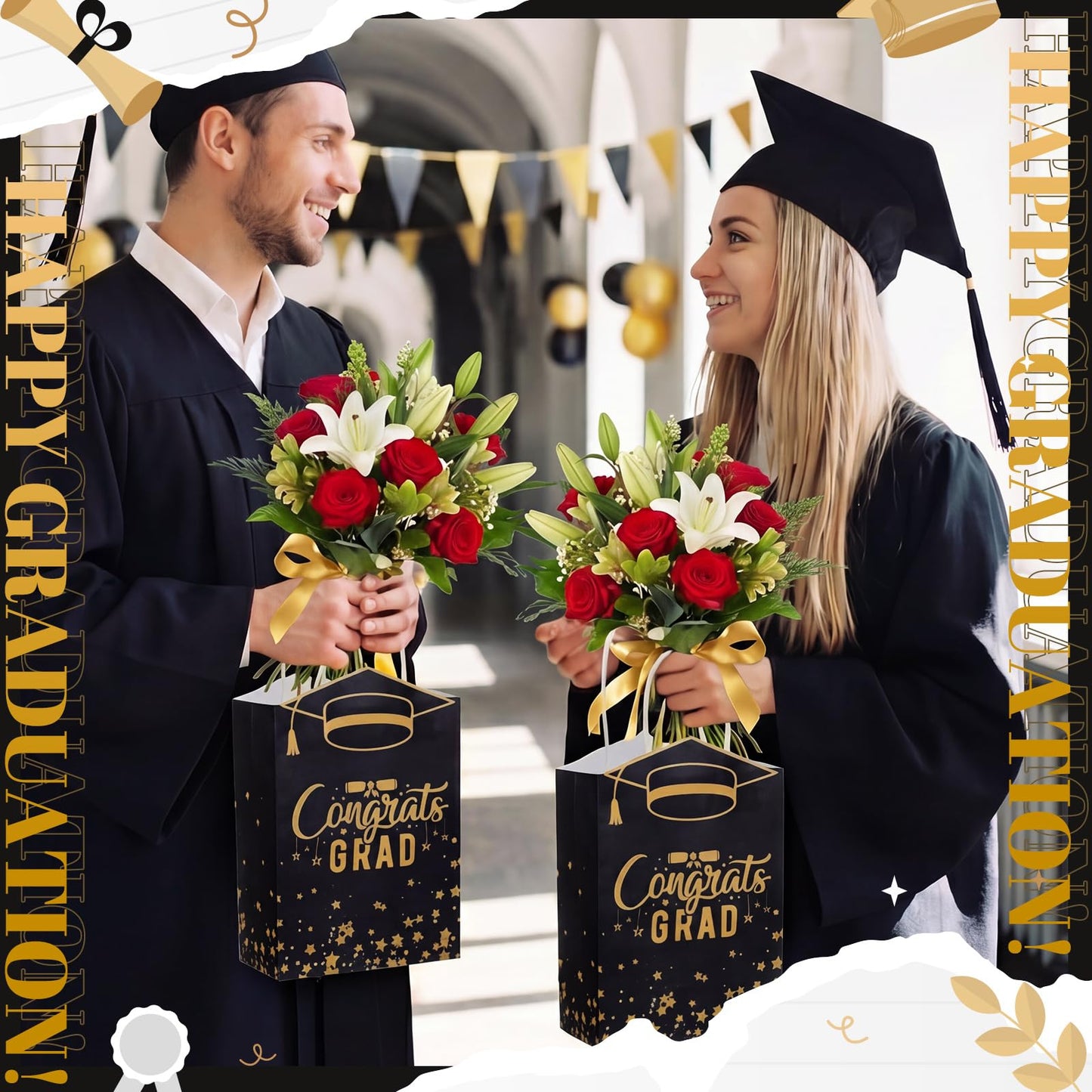 Geyoga 24 Pcs Graduation Gift Bags Bulk with Handles Class of 2026 Congrats Grad Party Favor Paper Bags Black and Gold Treat Goodie Bag for College High School University Gift Wrapping Supplies