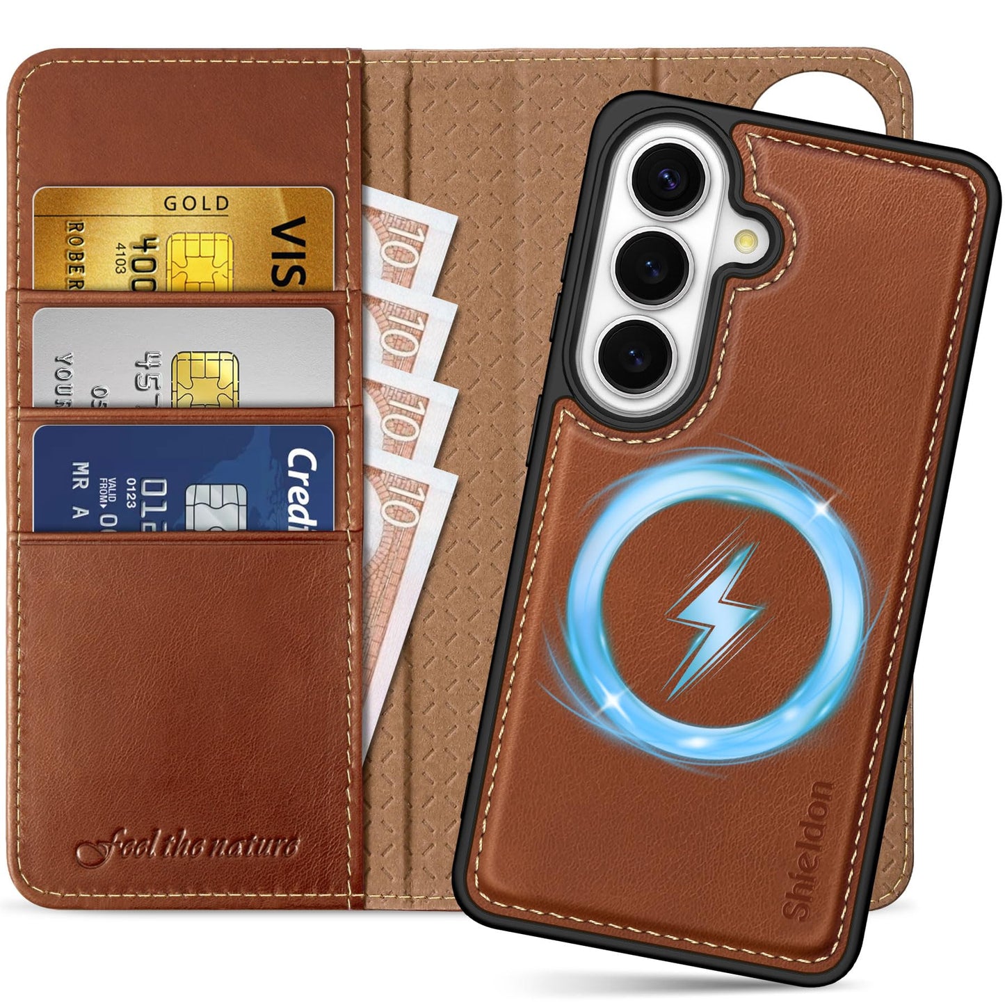 SHIELDON Detachable Wallet Case for Galaxy S26 6.3-inch, Genuine Leather, 2-in-1, Wireless Charging, Magnetic Closure, RFID Blocking Credit Card Slot, Kickstand, Full Protective Cover - Retro Brown