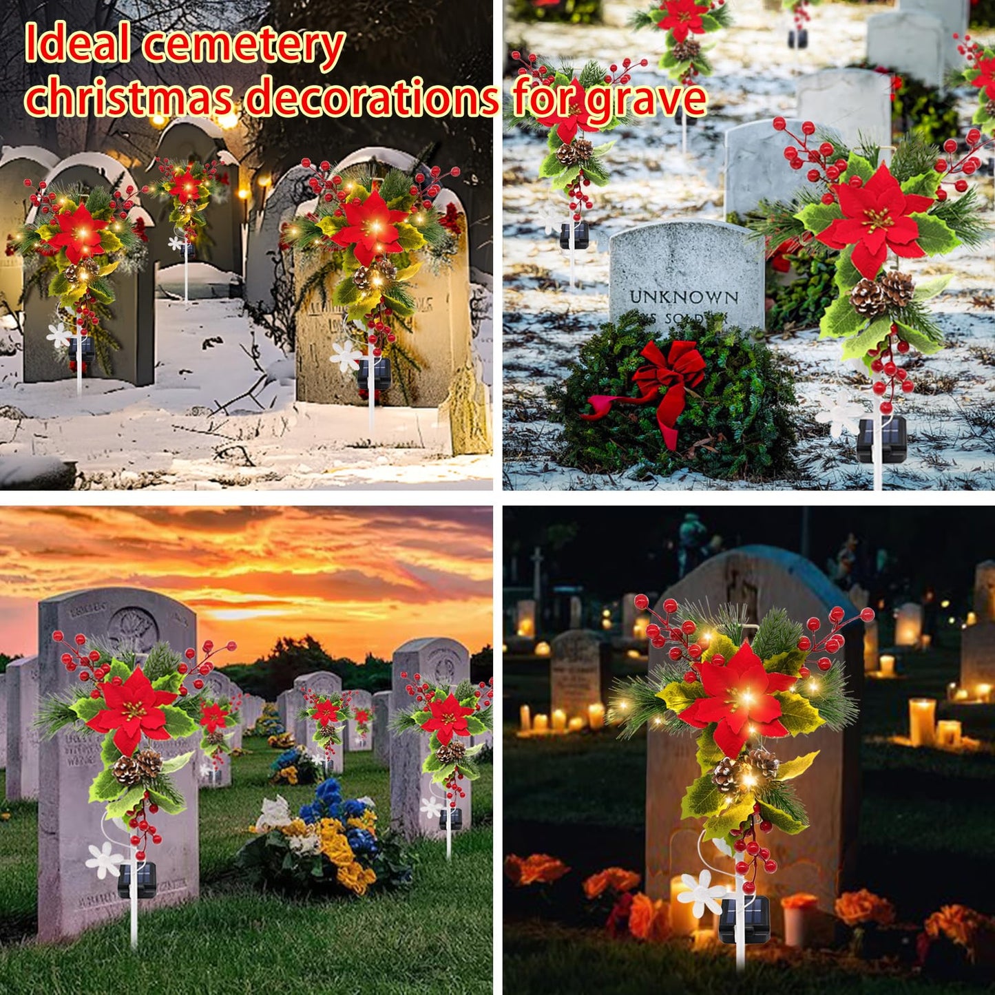 2 Pack Solar Christmas Decorations Outdoor, 32 Inch Solar Christmas Cross Stake Lights, Waterproof Grave Decorations with Poinsettia Flower Pinecones Red Berries for Garden Yard Patio Lawn Cemetery