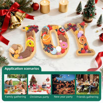 Nsoyos 3PCS Bamboo Christmas Decorations Letters Charcuterie Board Box-(with 14 Balloons and Bow) Joy Charcuterie Letters Fillable Food Christmas Party Supplies Table Decoration Food Tray Platter