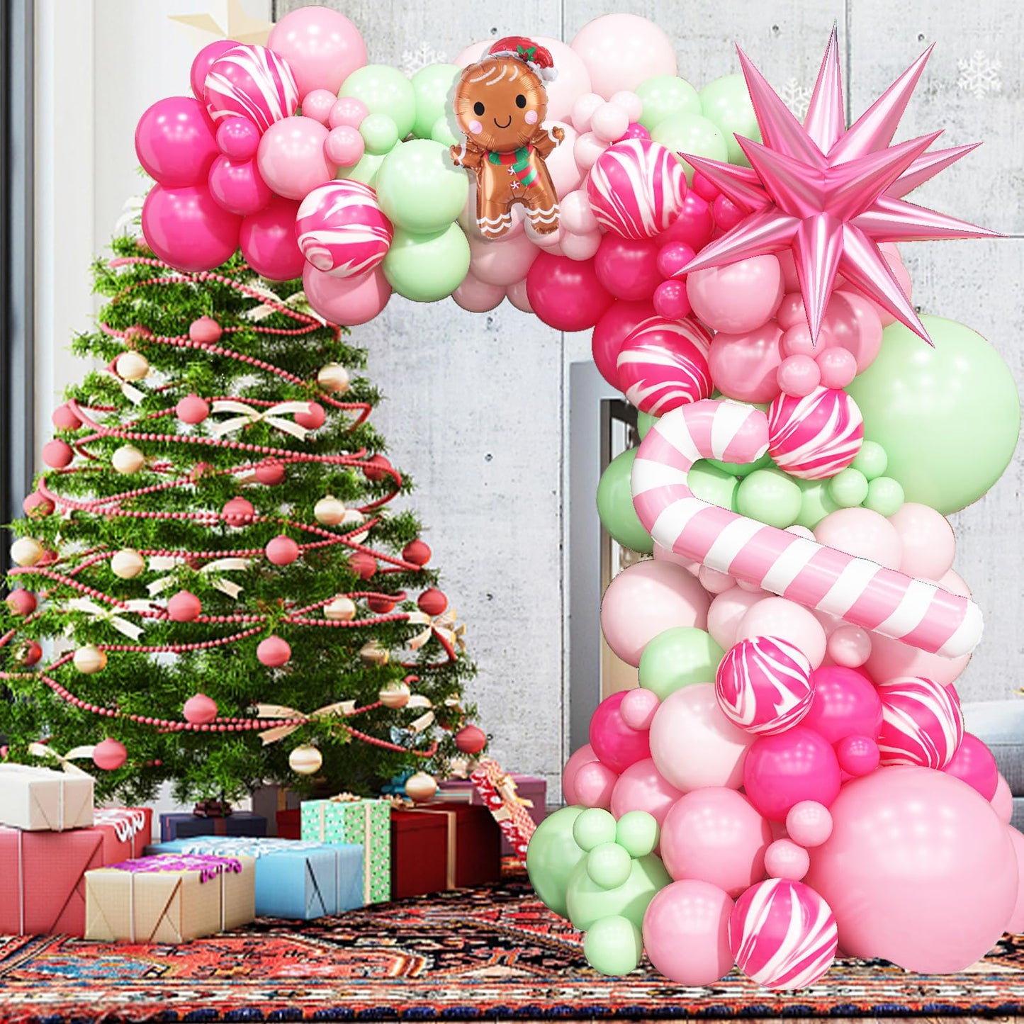 Christmas Balloon Arch Pink Green Balloons Garland Candy Cane Crutch Foil Balloons Explosion Star Xmas Pastel Agate Hot Pink Latex Helium Balloon Gingerbread Man New Year Birthday Party Decorations