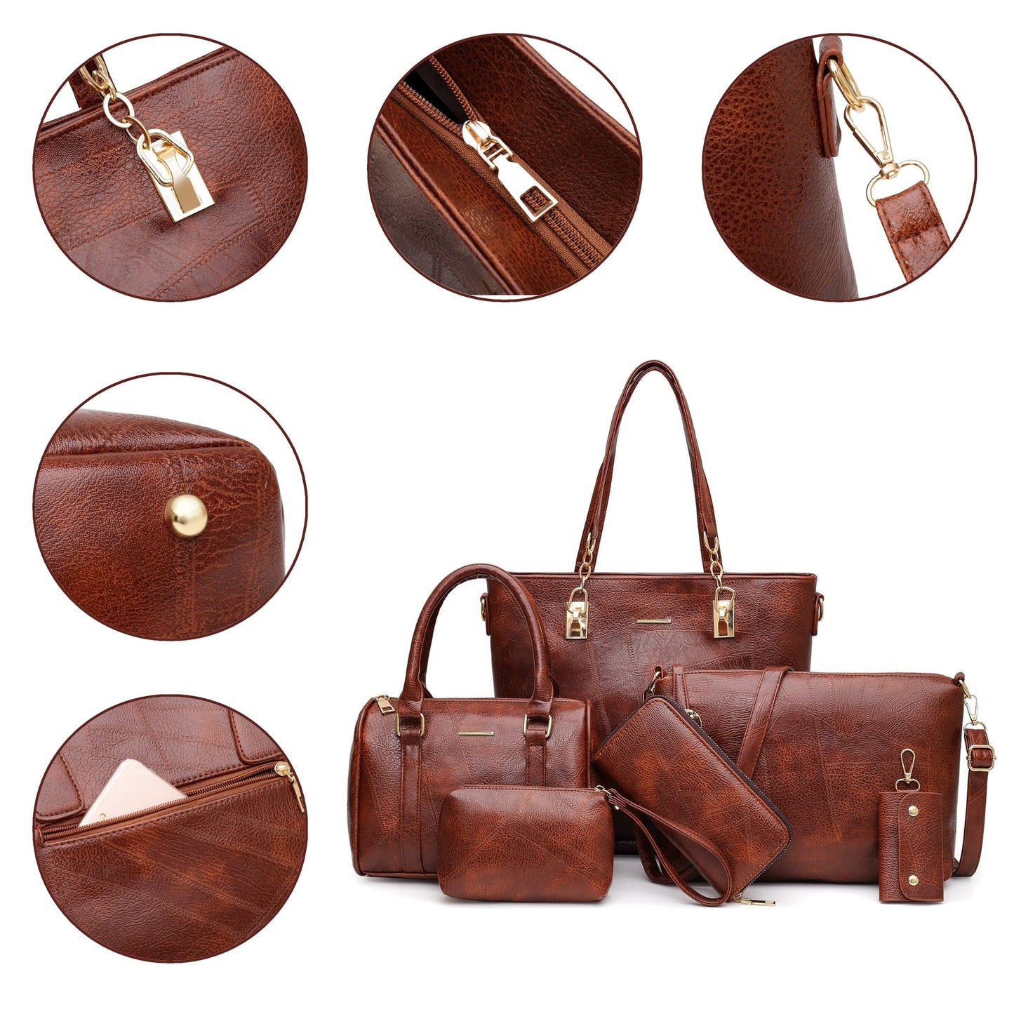 2E-youth Women Designer Purses And Handbags Set Satchel Shoulder Bags Tote Bags 6pcs Wallets (brown)