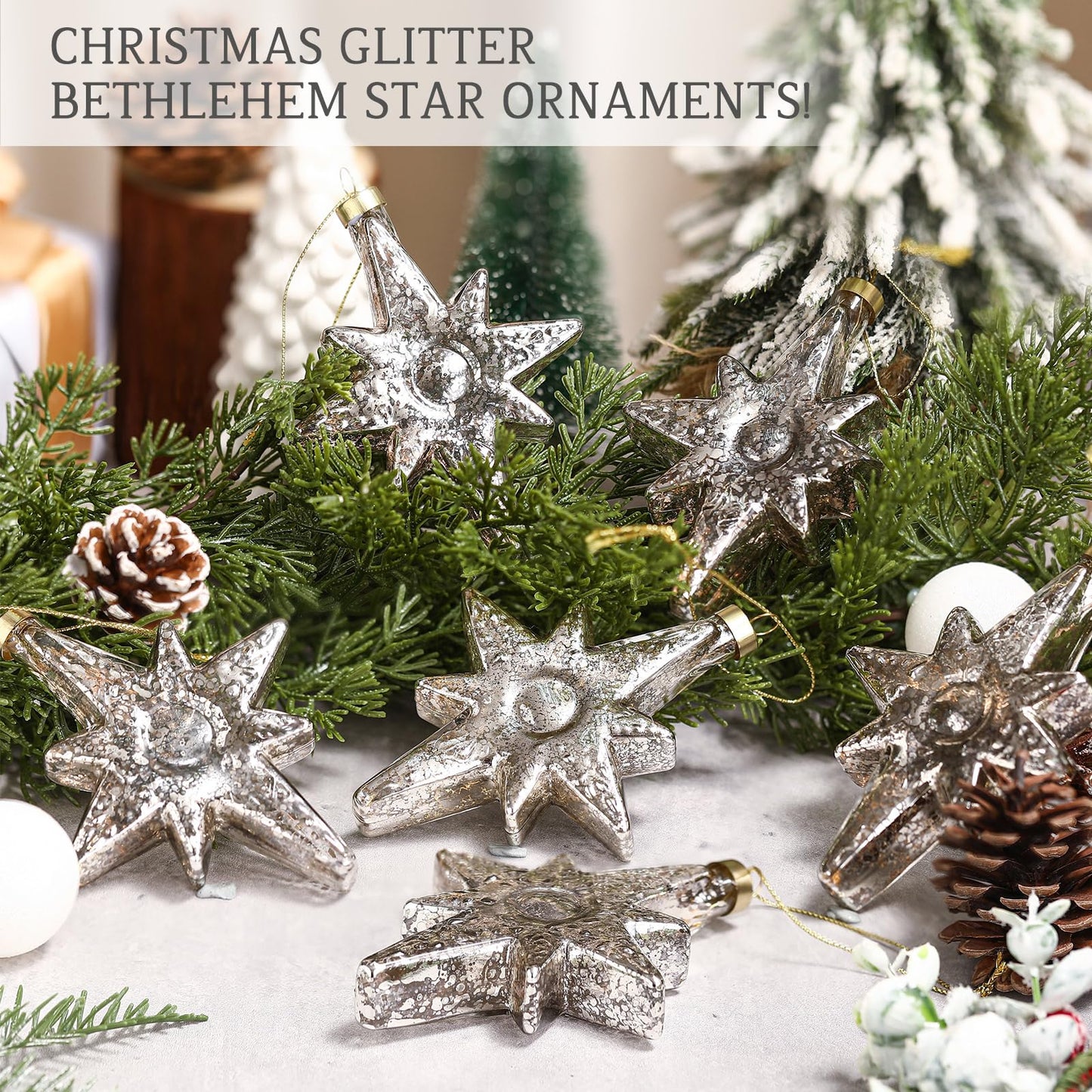 Leinuosen 6 Pcs Christmas Glitter Glass Star of Bethlehem 5 x 4 Inch Blown Glass Decorative Hanging Ornaments for Christmas Tree Xmas Party Decorations Holiday(Silver)