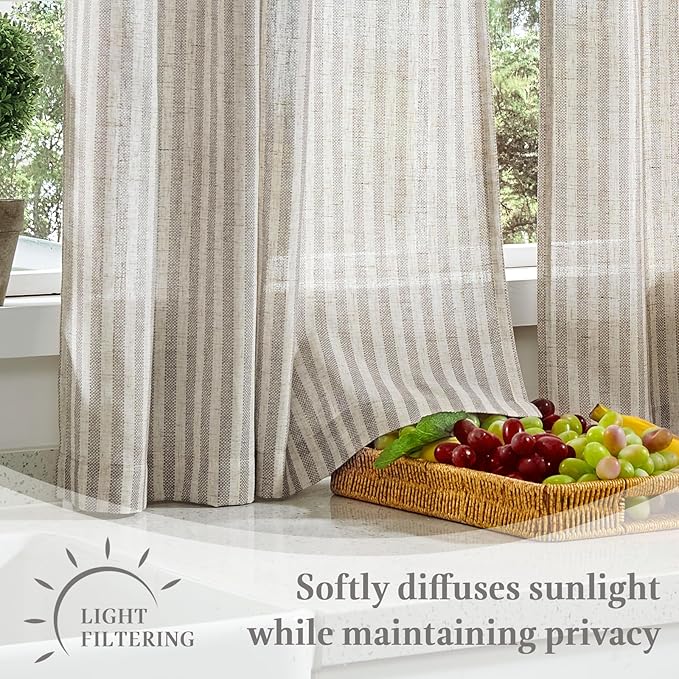 jinchan Striped Linen Kitchen Curtains with Attached Valance 36 Inch Length Cafe Tier Curtains for Living Room Rustic Half Window Light Filtering Rod Pocket Small Drapes 2 Panels Taupe Grey