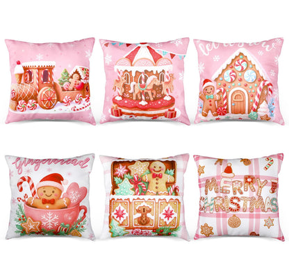 Fanfanwin 6 Pcs Pink Christmas Gingerbread Throw Pillow Covers 18 x 18 Inch Gingerbread House Truck Hot Cocoa Pink Christmas Decorative Pillow Cases for Xmas Sofa Couch Decor(Novel)