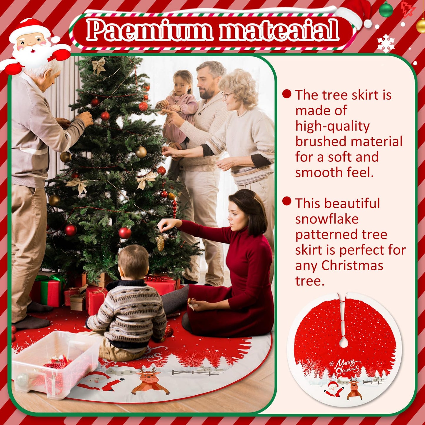 Sosation 72 Inches Large Christmas Tree Skirt Red Xmas Tree Ornaments with Snowy Pattern Soft Plush Reindeer Snowflake Holiday Party Mat for Merry Christmas Party Winter Holiday Home Decorations