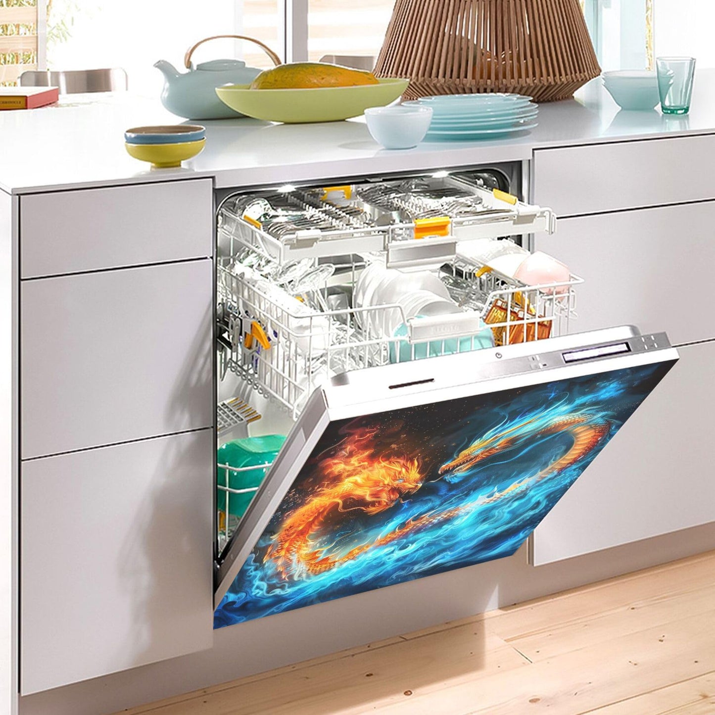 Fire Blue Dragon Dishwasher Stickers Magnetic Cover Thunder Lightning Dinosaur Dino Kitchen Fridge Magnet Covers Decals Home Decorations Vinyl Sticker Reusable 23W x 26H inches