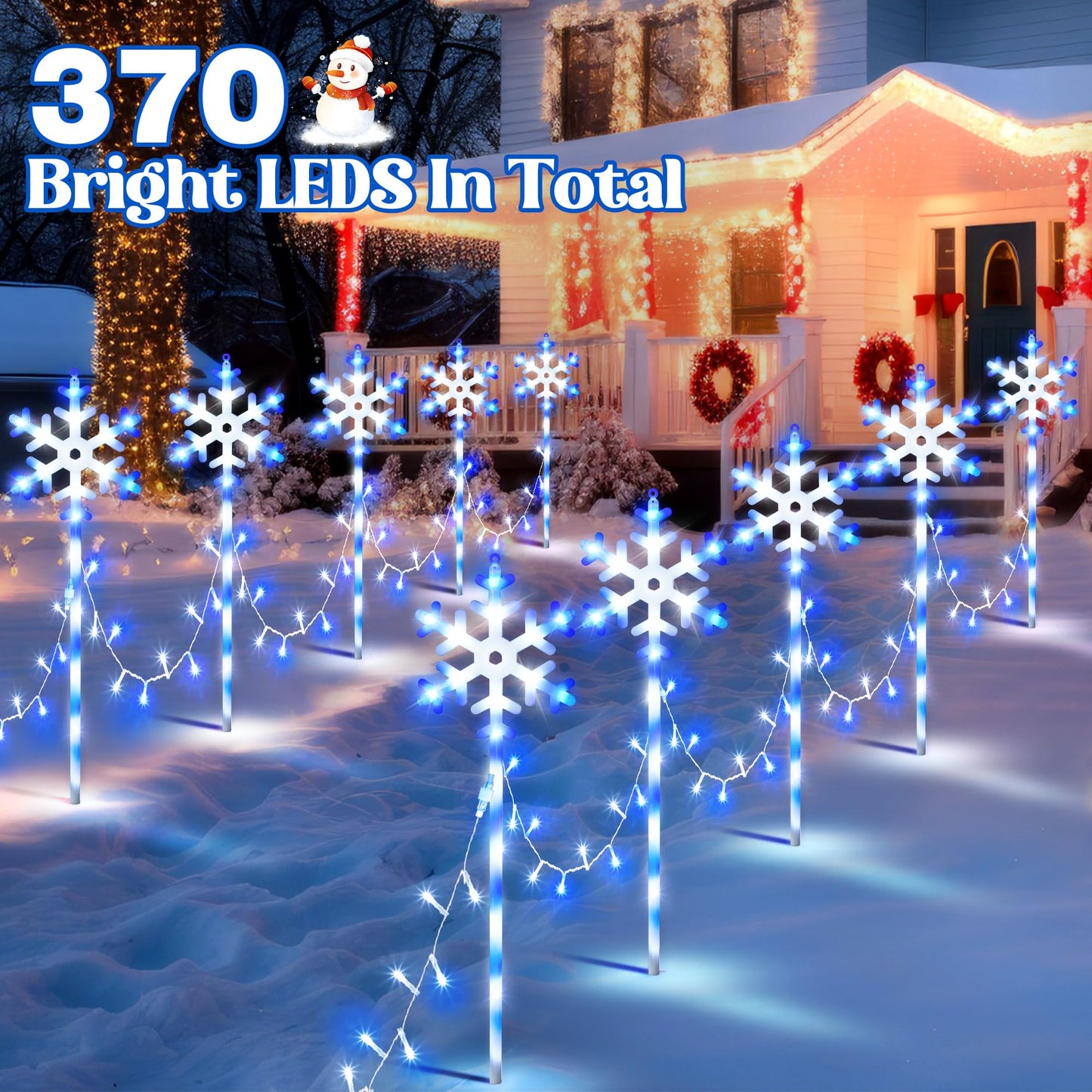 ElectricWise 10 Pcs Christmas Snowflake Pathway Stake Lights for Outdoor Yard, 370 Bright LEDs Waterproof Large Christmas Snowflake Light Decoration for Garden Lawn Driveway Walkway Decor (Blue White)