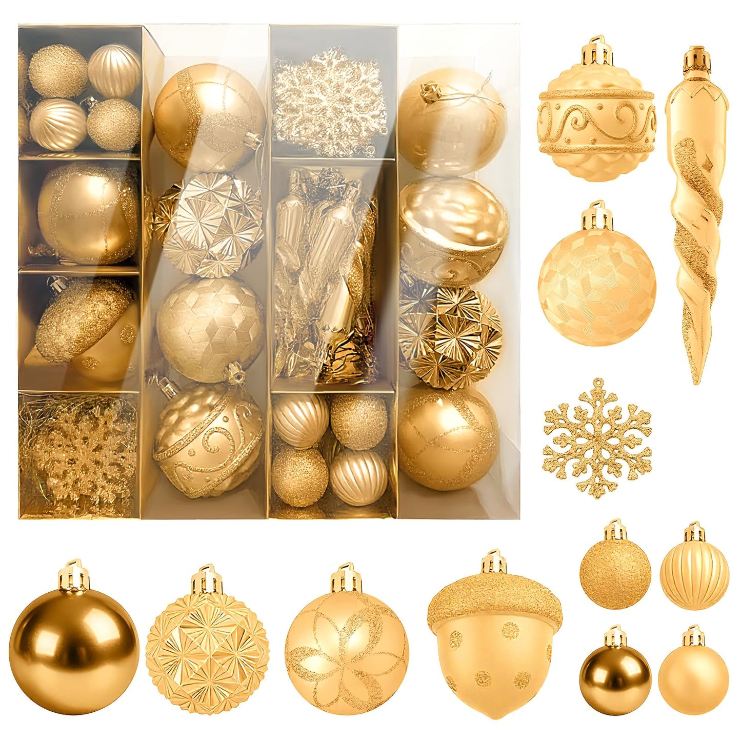 Napzy 62 Count Shatterproof Christmas Ball Ornaments Set, Golden Christmas Tree Decorations for Xmas Holiday Party Decor, Wreath and Garland Hanging Balls