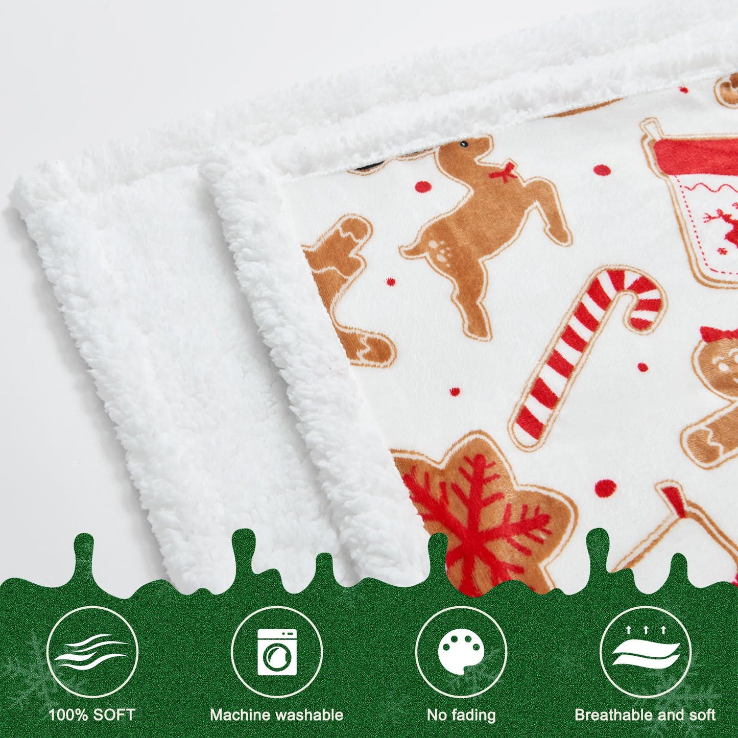 NORD ECO Christmas Throw Blanket, Christmas Decorations Gifts for Women, Sherpa Flannel Fleece Winter Holiday Blanket, Fluffy Cozy Soft Christams Throws for Couch Sofa Bed, Gingerbread, 50" X 60"