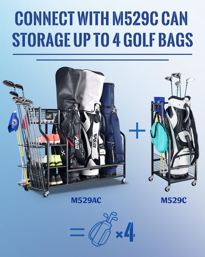 Mythinglogic 3 Golf Bags Storage Organizer-Extra Large Size Fits 3 Full Size Golf Bags,Golf Organizer for Golf Equipment and Accessories, Golf Club Storage Rack with Lockable Wheels