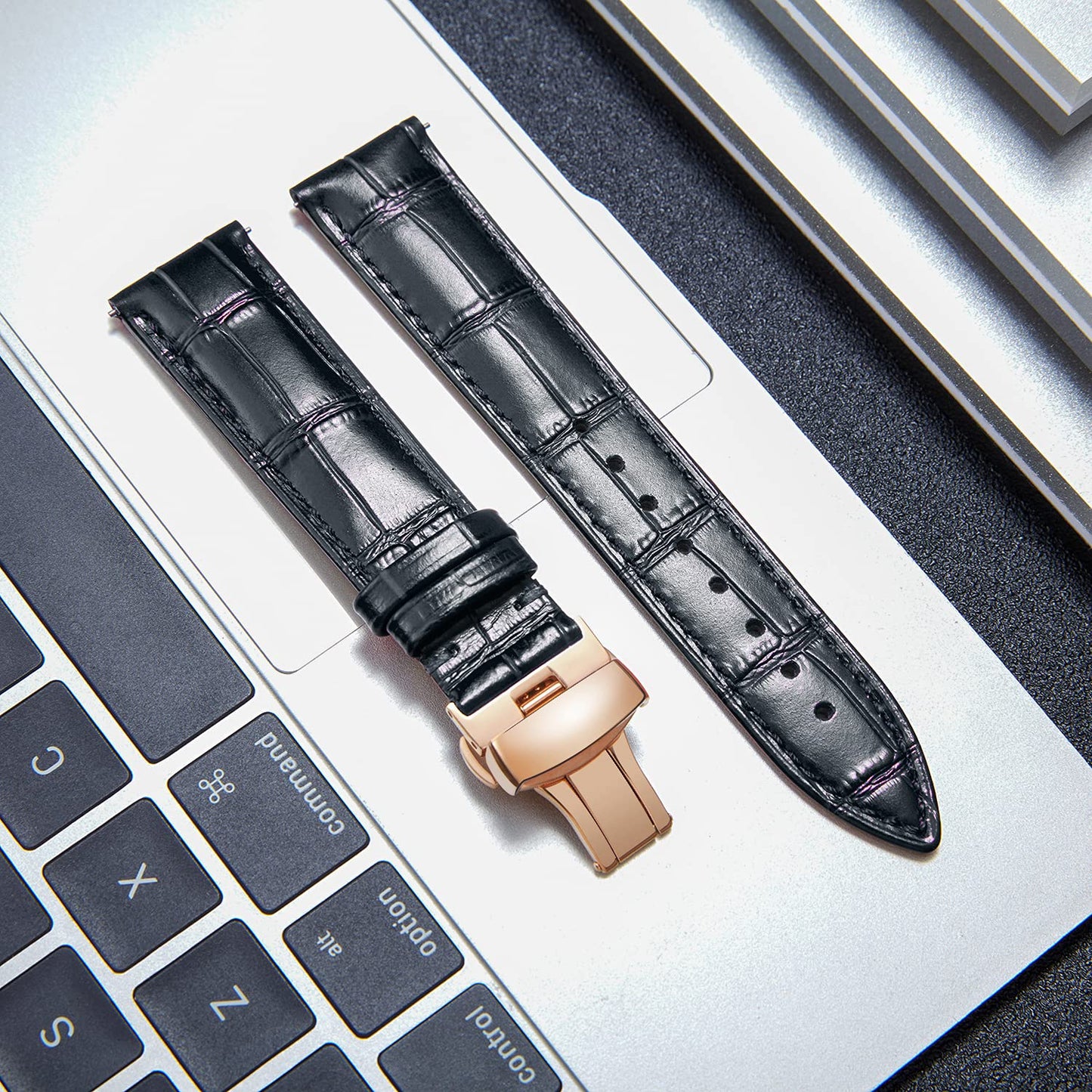 BINLUN Leather Watch Strap, Quick Release Genuine Leather Replacement Watch Band with Butterfly Deployment Buckle for Men and Women, 12mm-24mm(Black-Rose Gold,18mm)