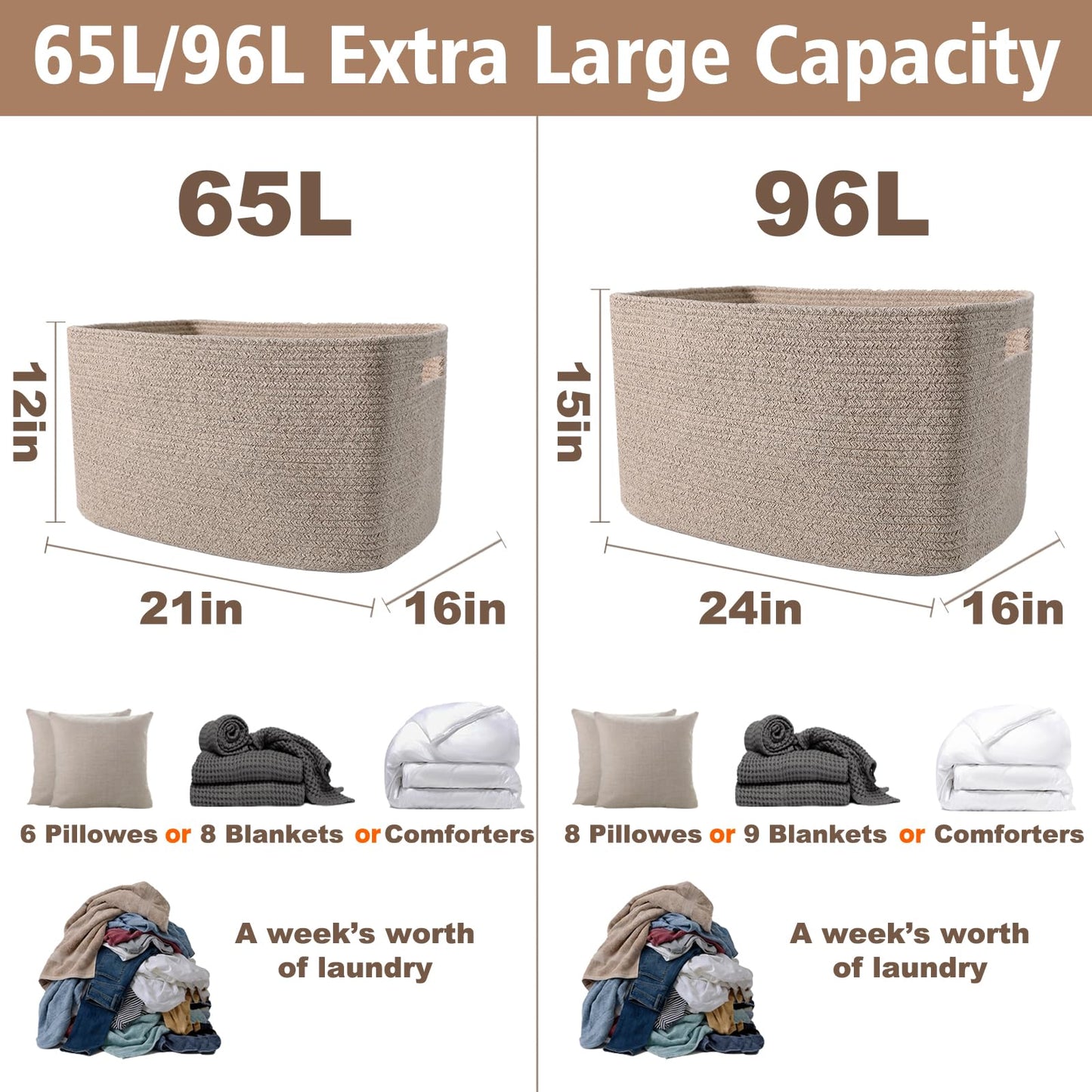 JMvicyroam Woven Blanket Basket,65L Large Storage Bin for Blankets Toys Clothes,Decorative Rope Basket for Living Room Bedroom with Handles, Oatmeal
