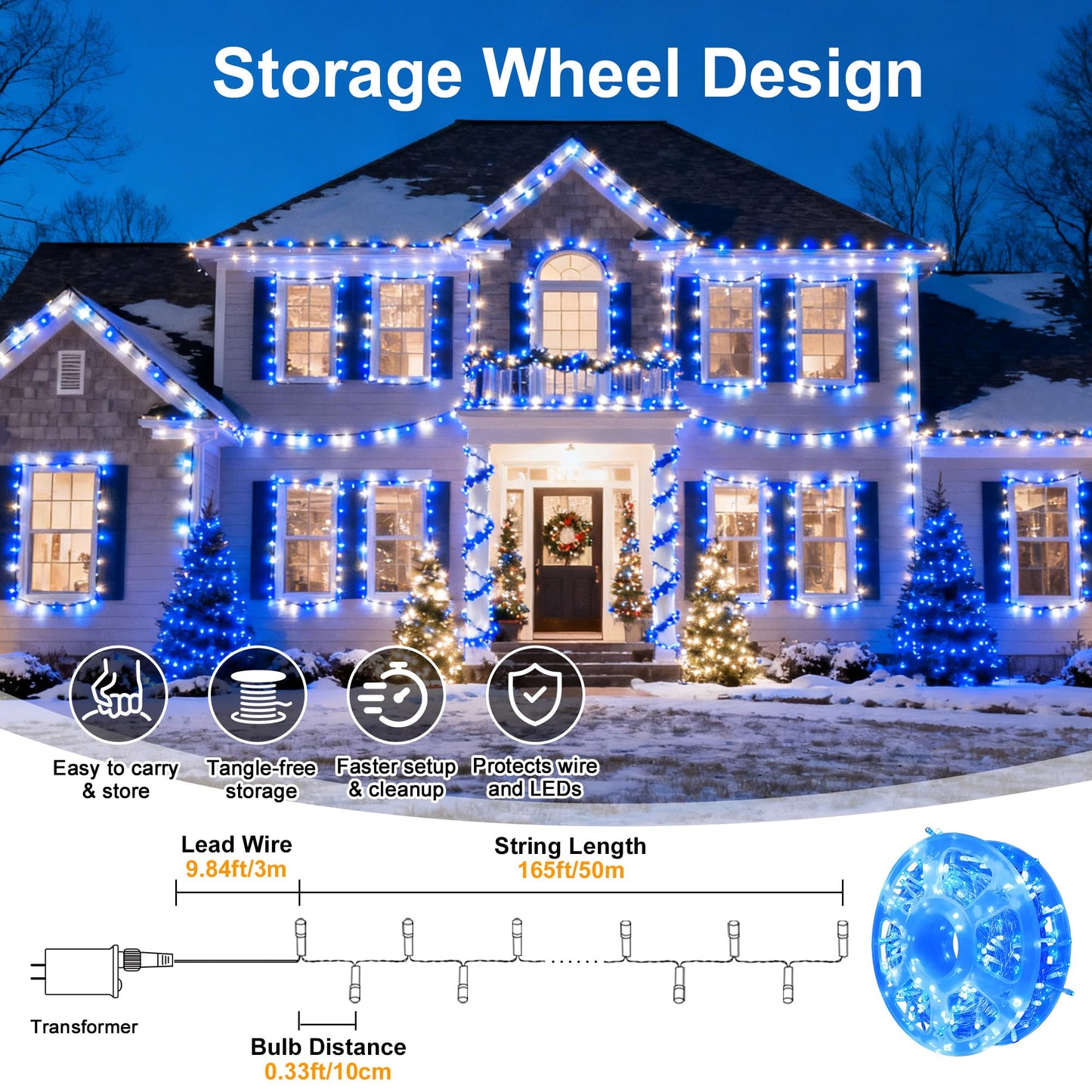MYGOTO Led String Lights 500LED 165 ft Indoor/Outdoor Fairy String Lights 30V 8 Modes Christmas Lights for Home, Christmas Tree, Wedding Party, Room,Wall Decoration, Indoor&Outdoor(Blue+White)
