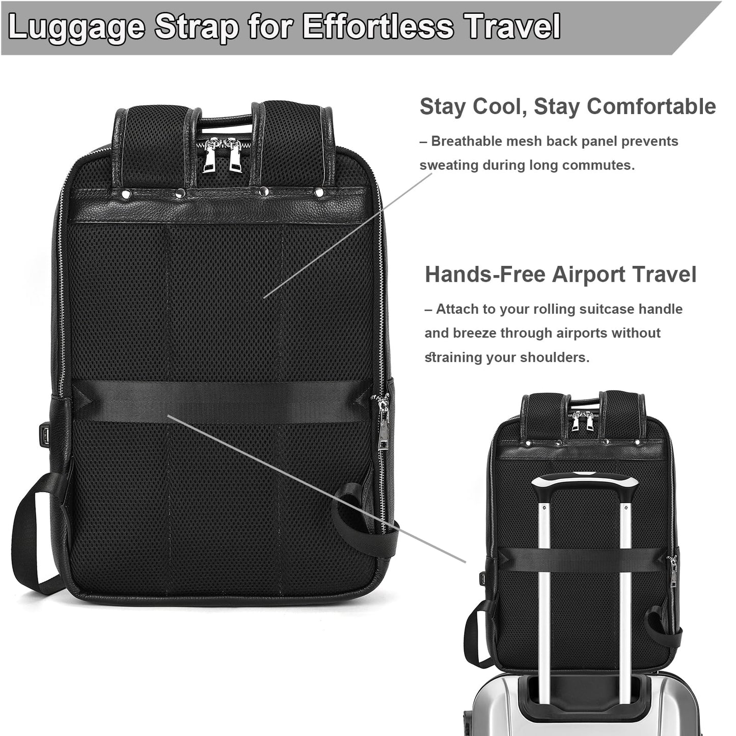 Yevabo Genuine Leather 15.6 Inch Laptop Backpack for Men, Multi Pocket Slim Daypack Shoulder Bag with Trolley Sleeve for Business Travel (Black)