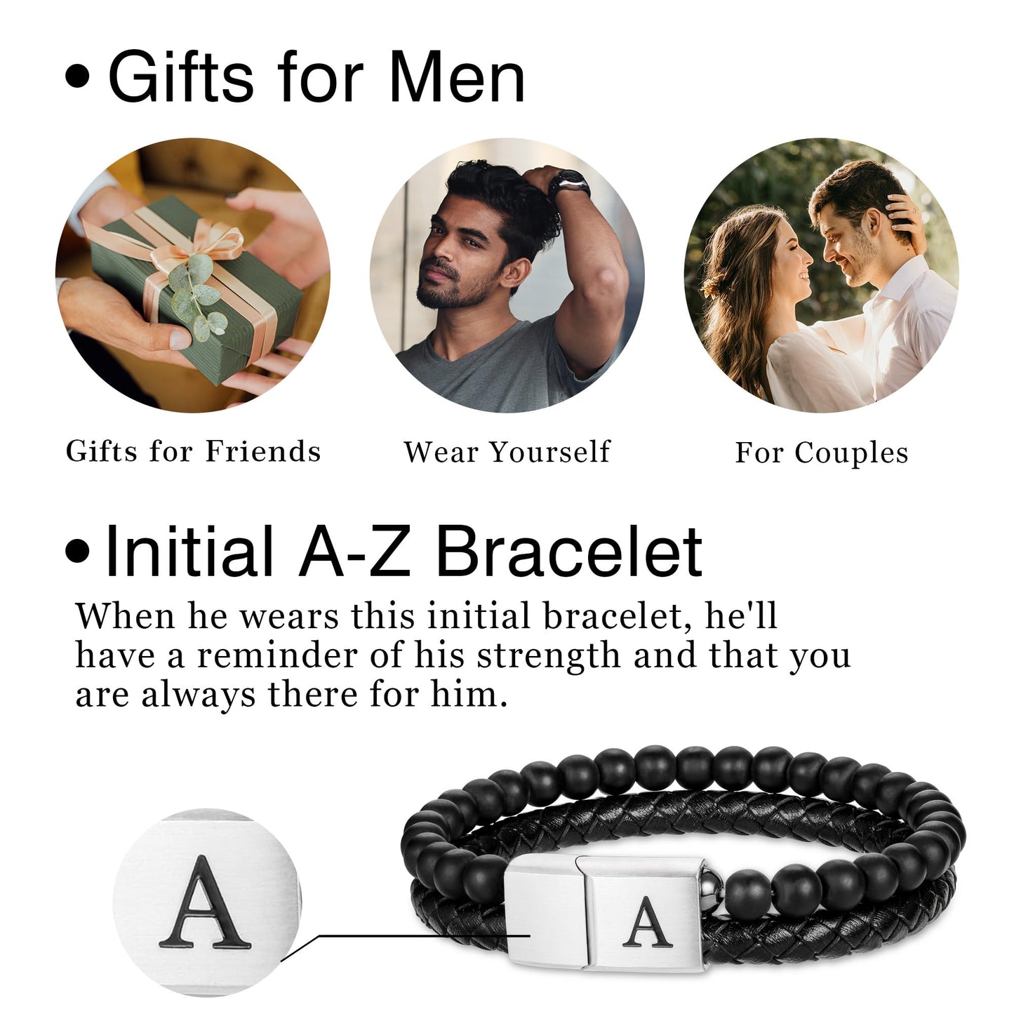 LUXEJEW Mens Bracelet - Black Leather Beaded Bracelets for Men with Magnetic Clasp Letter H Initial Bracelet 6mm Matte Agate Beads Stone Mens Jewelry Birthday Gifts for Men Husband Boyfriend