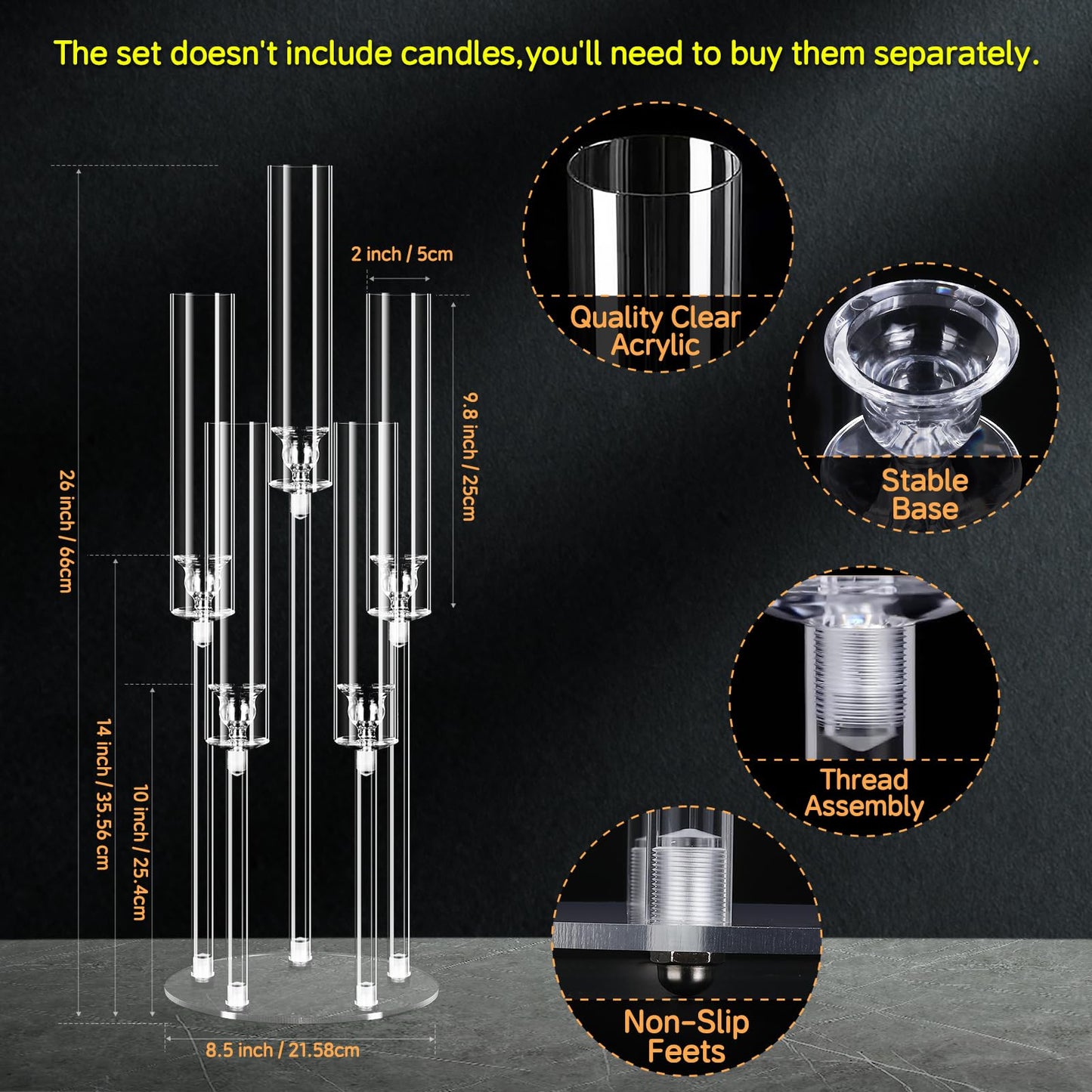 6 Set 26.8'' Tall Acrylic Candelabra Centerpieces for Wedding Table Decorations,Clear 5 Arms Candlesticks Holder with Acrylic Shade for Candlelight Dinner Party Fireplace Gift Fit LED Candle