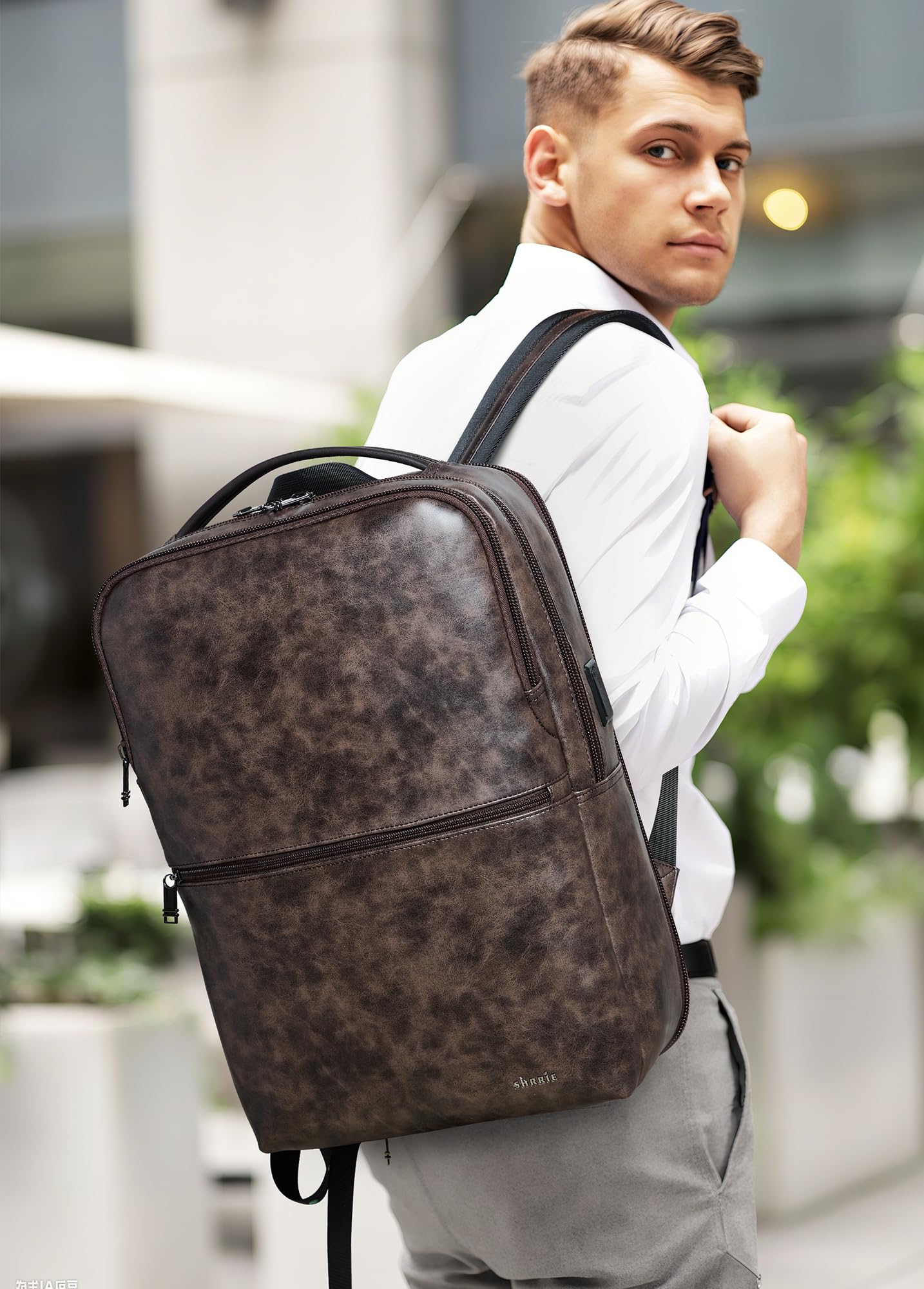 Shrrie Vegan Leather Laptop Backpack for Women&Men,16 Inch Expandable Backpack with USB Charging Port,Two-toned Coffee