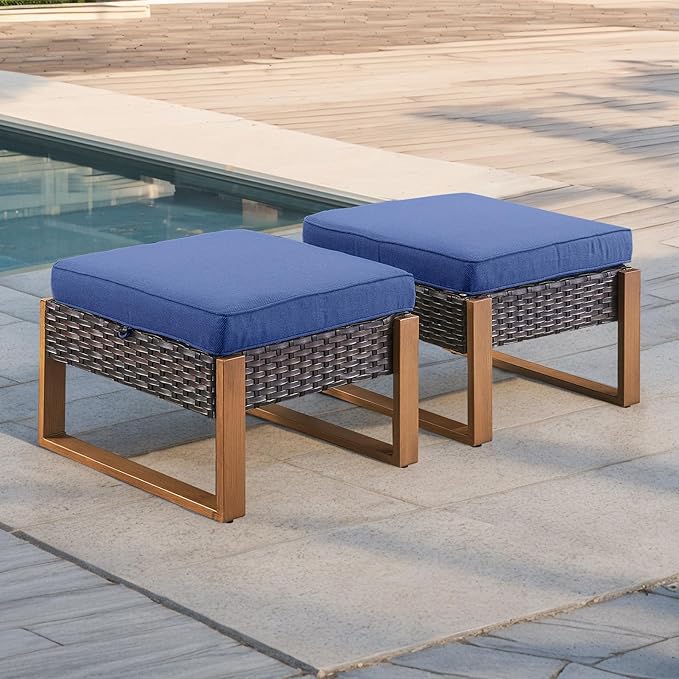 Rilyson Outdoor Ottoman Wicker Patio Footrest - 2 Piece Wicker Footrest Footstools Set with Sturdy Frame,All-Weather PE Wicker, Thick Cushions for Deck Porch Garden(Brown/Blue)