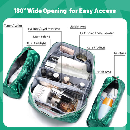 BOYATU Travel Makeup Bag for Women: Y2K Aesthetic Personalized Glossy 3 Pcs Set Cosmetic Organizer Bag - Trendy Statement Toiletry Pouches for Forward Women - Stand Out at Festivals & Trips(A-1-Green)