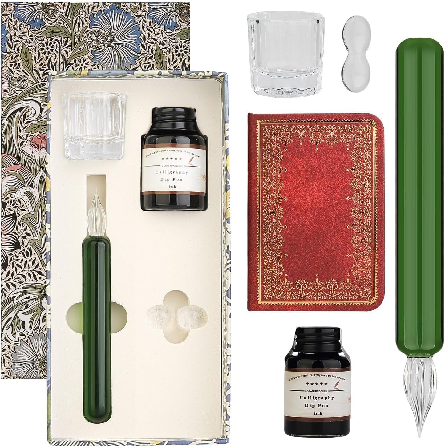 GC QUILL Glass Dip Pen Set,Calligraphy Pen,A Squat Crystal Signature Pen for Art, Writing, Signatures -Decoration and Business Gift (Green)