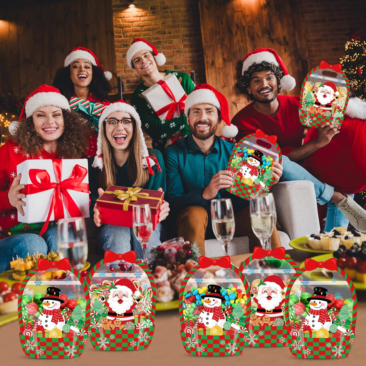 Fuutreo 50 Pcs Christmas Gift Bags Transparent Santa Sealing Pouches with Handles Resealable Merry Christmas Plastic Favor Bags for Holiday Party Candy Gift Wrapping Supplies Decoration(Xmas)