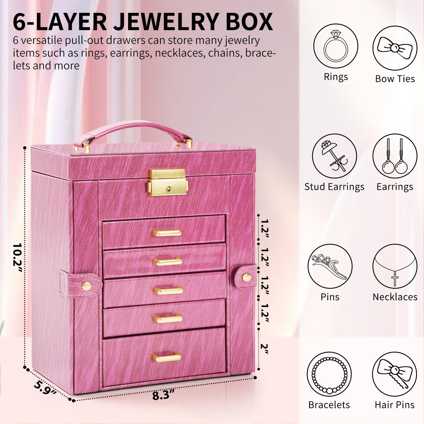 AKOZLIN 6-Tier Jewelry Box Lockable Leather Jewelry Storage Case with 5 Drawers for Women Girls Ring Necklace Earring Bracelet Holder Organizer with Mirror Rose