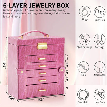 AKOZLIN 6-Tier Jewelry Box Lockable Leather Jewelry Storage Case with 5 Drawers for Women Girls Ring Necklace Earring Bracelet Holder Organizer with Mirror Rose